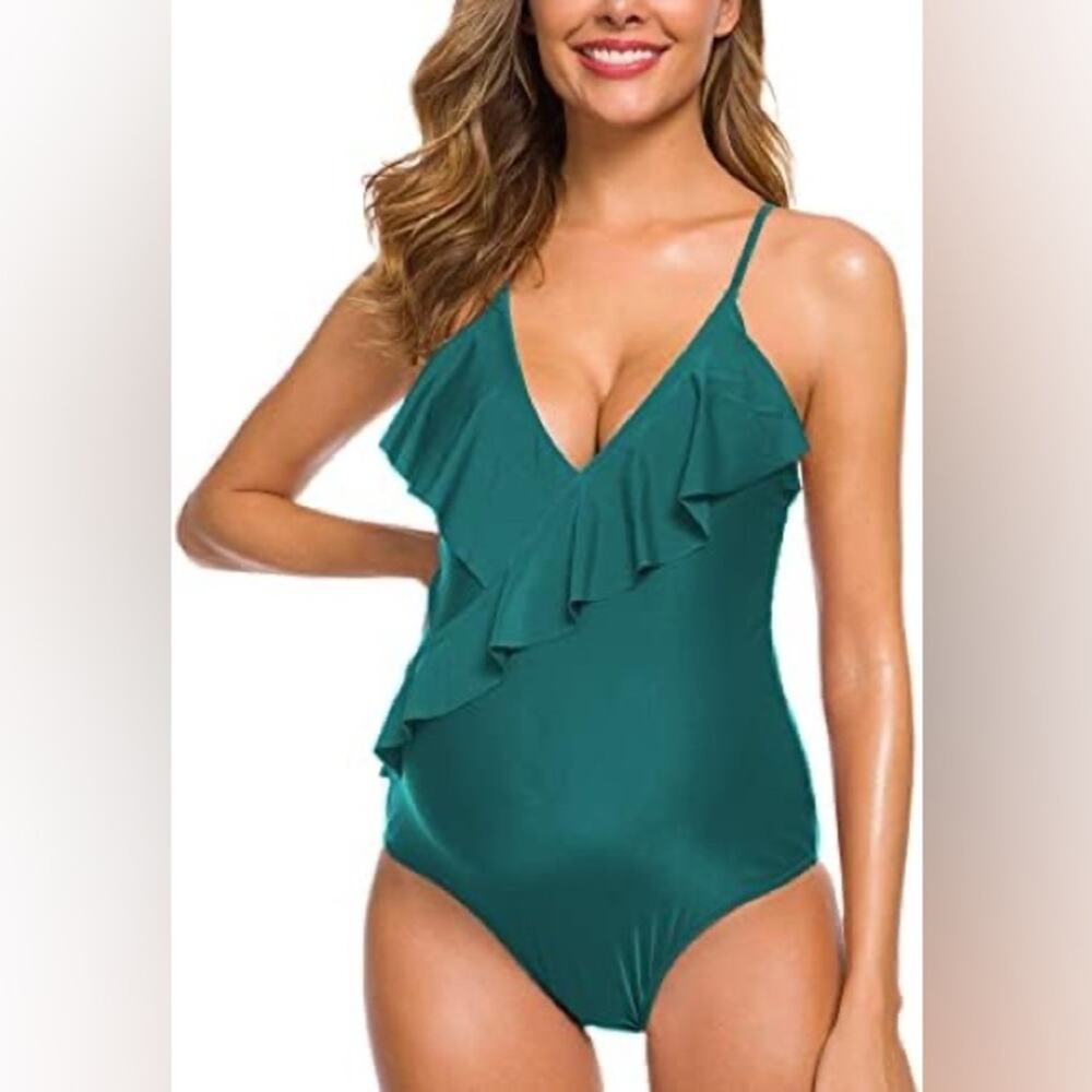 Maternity Swimsuit Women's Size 2XL One Piece Ruffle Swim Deep V Neck in Green